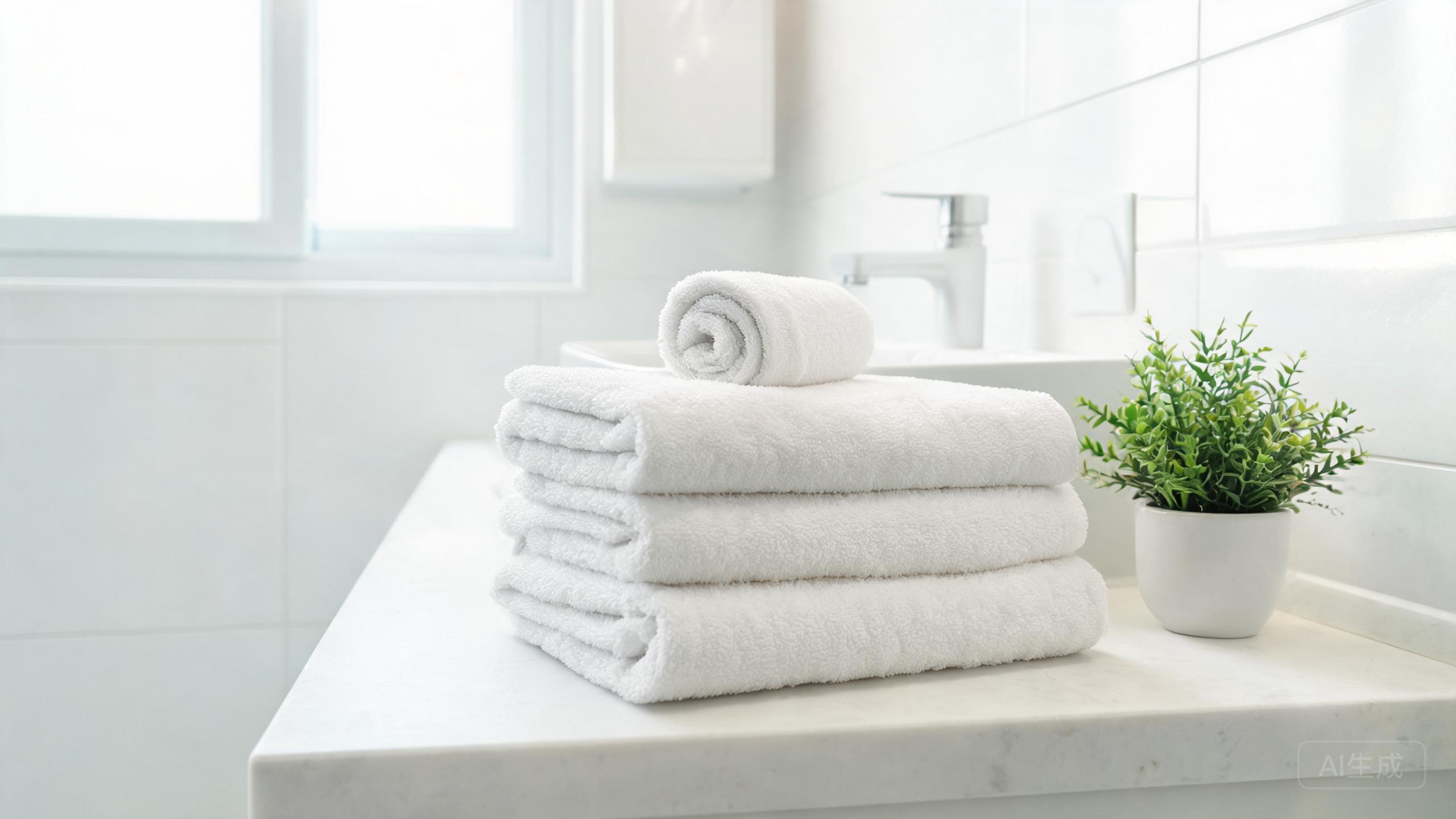 A stack of folded plush white bath towels in a bathroom