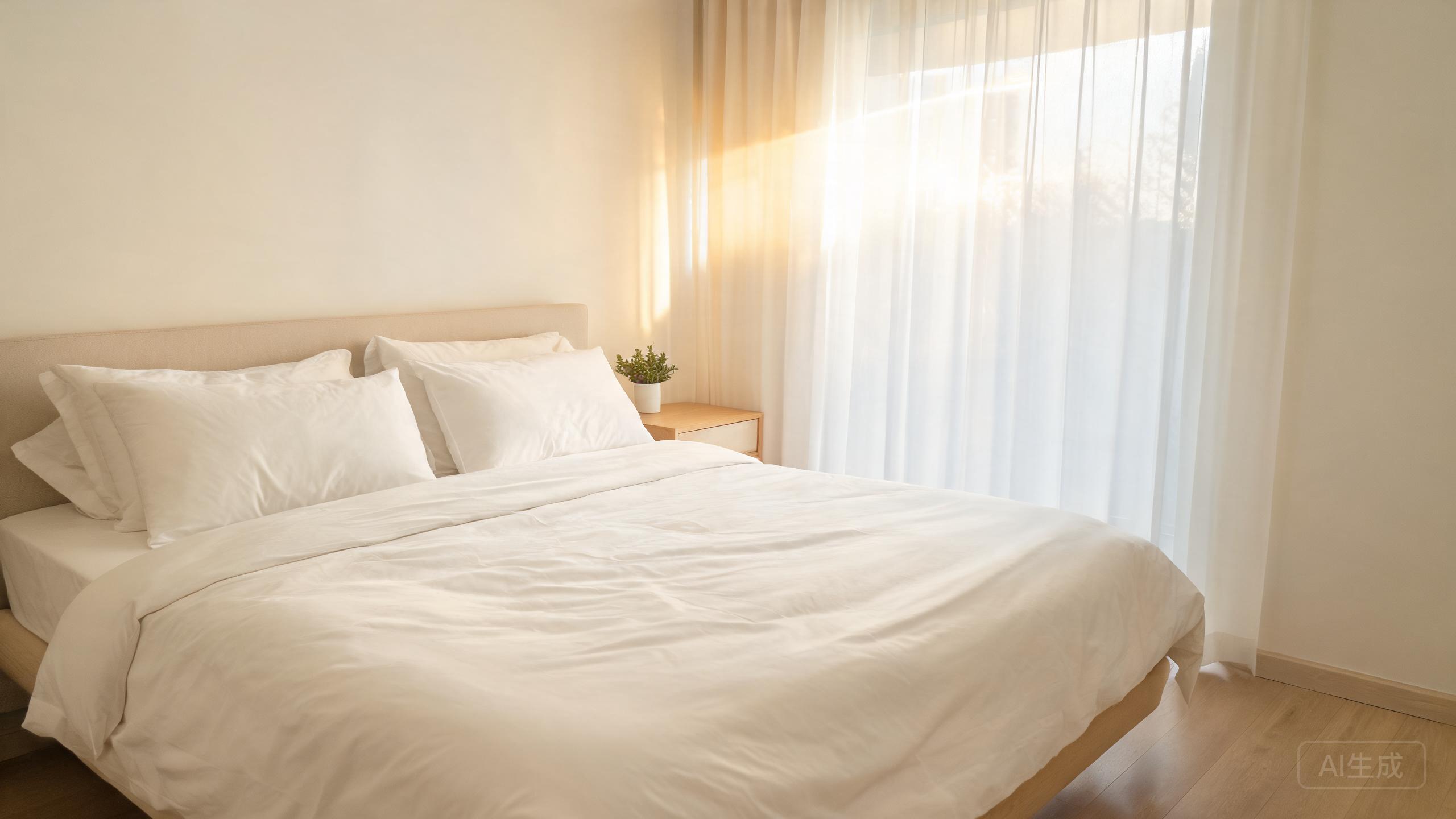 A bed with crisp white cooling sheets in a sunlit bedroom