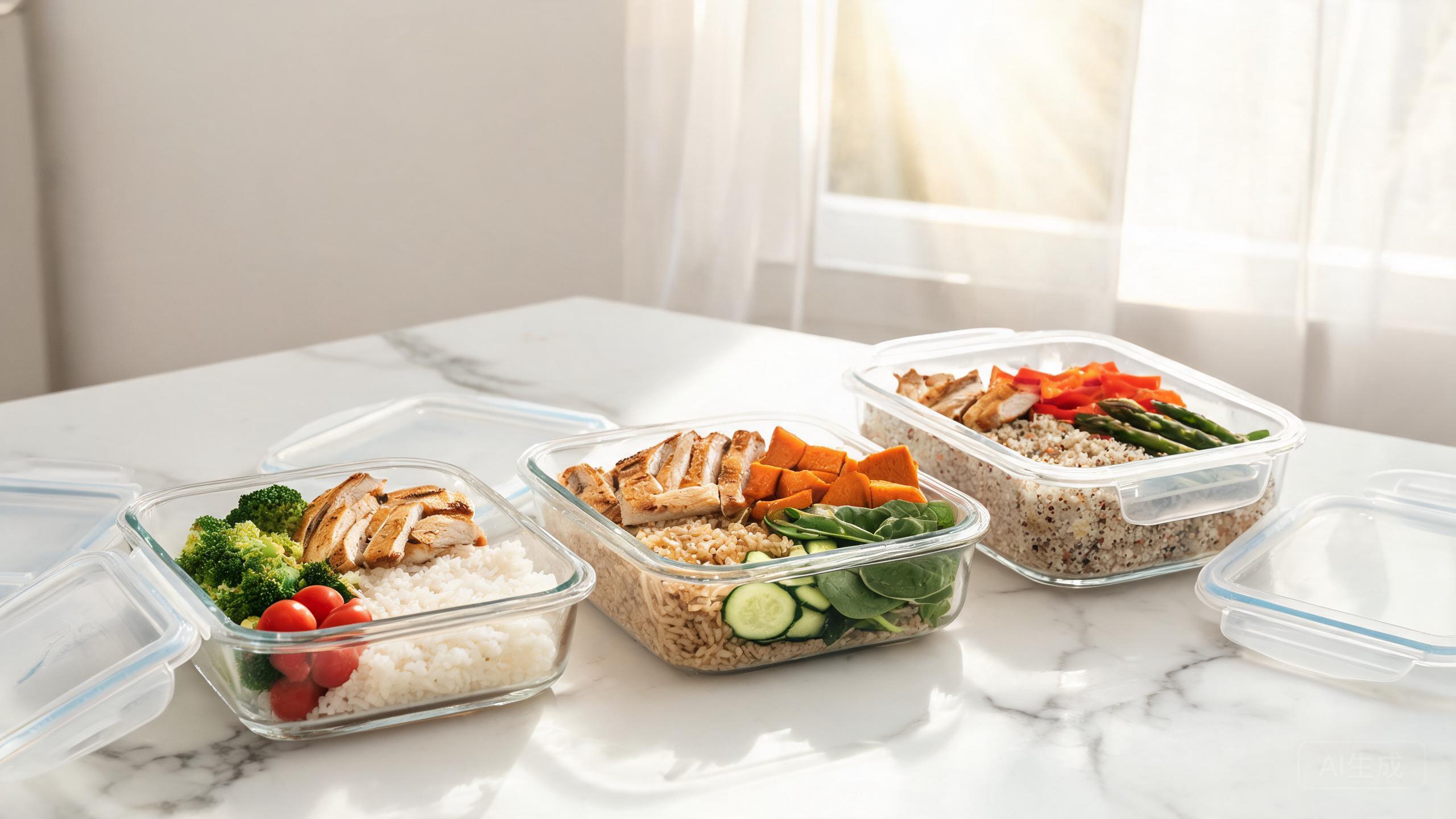 Meal prep containers with various foods on a kitchen counter