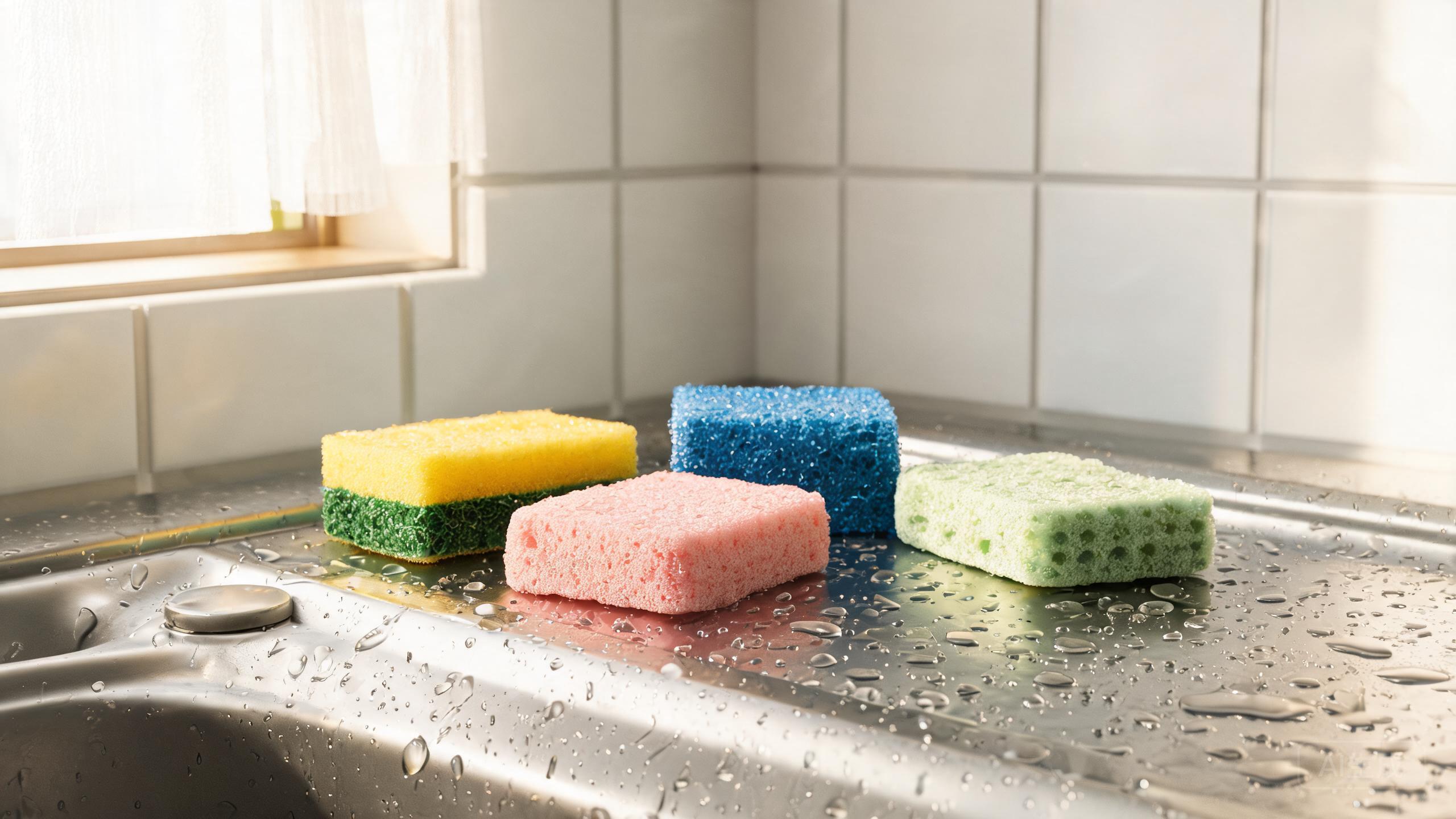 Assorted kitchen sponges arranged on a stainless steel sink