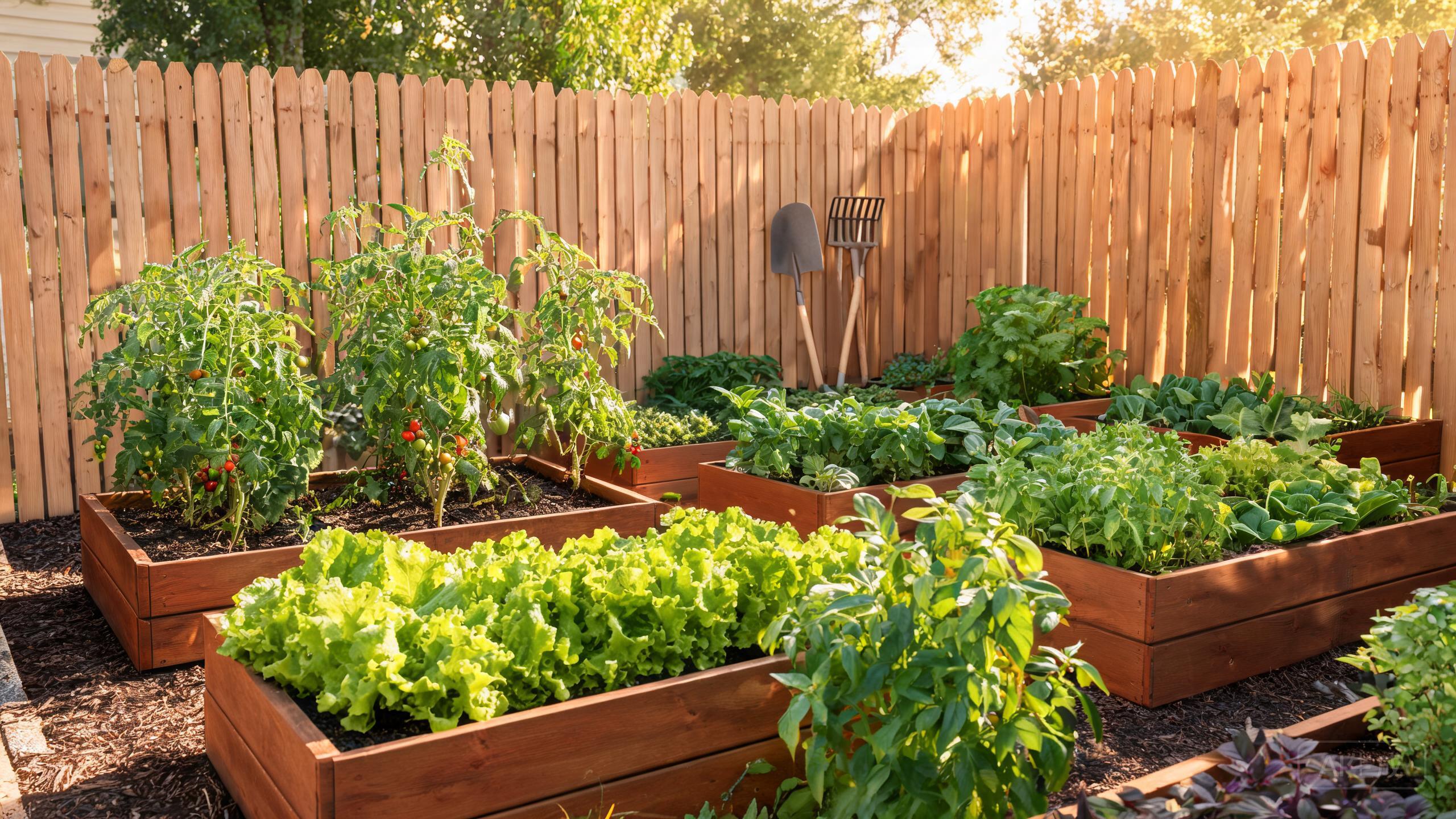 Wooden raised garden beds with vegetables in a sunny backyard