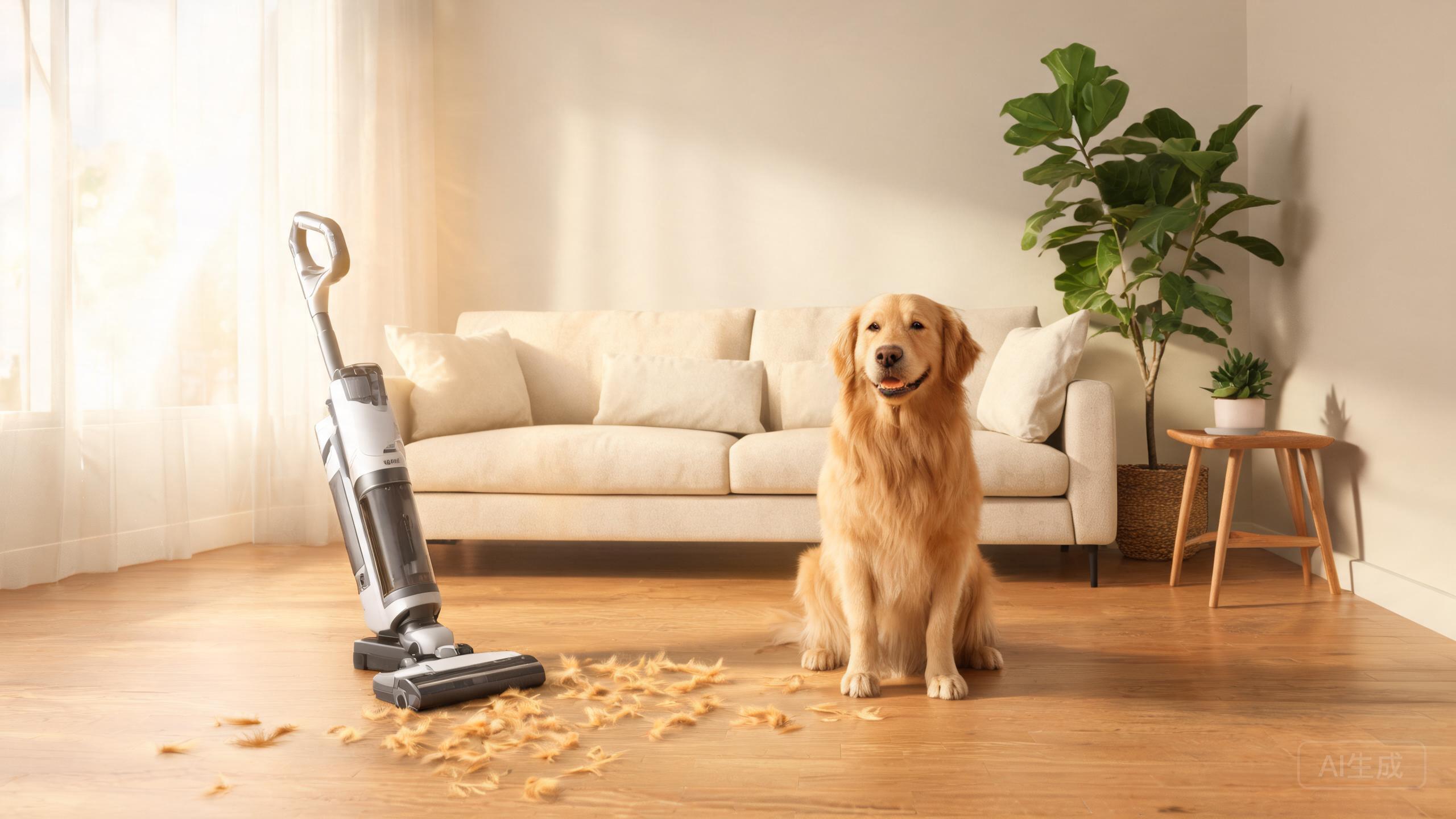 A vacuum cleaner on a hardwood floor in a living room with a dog nearby