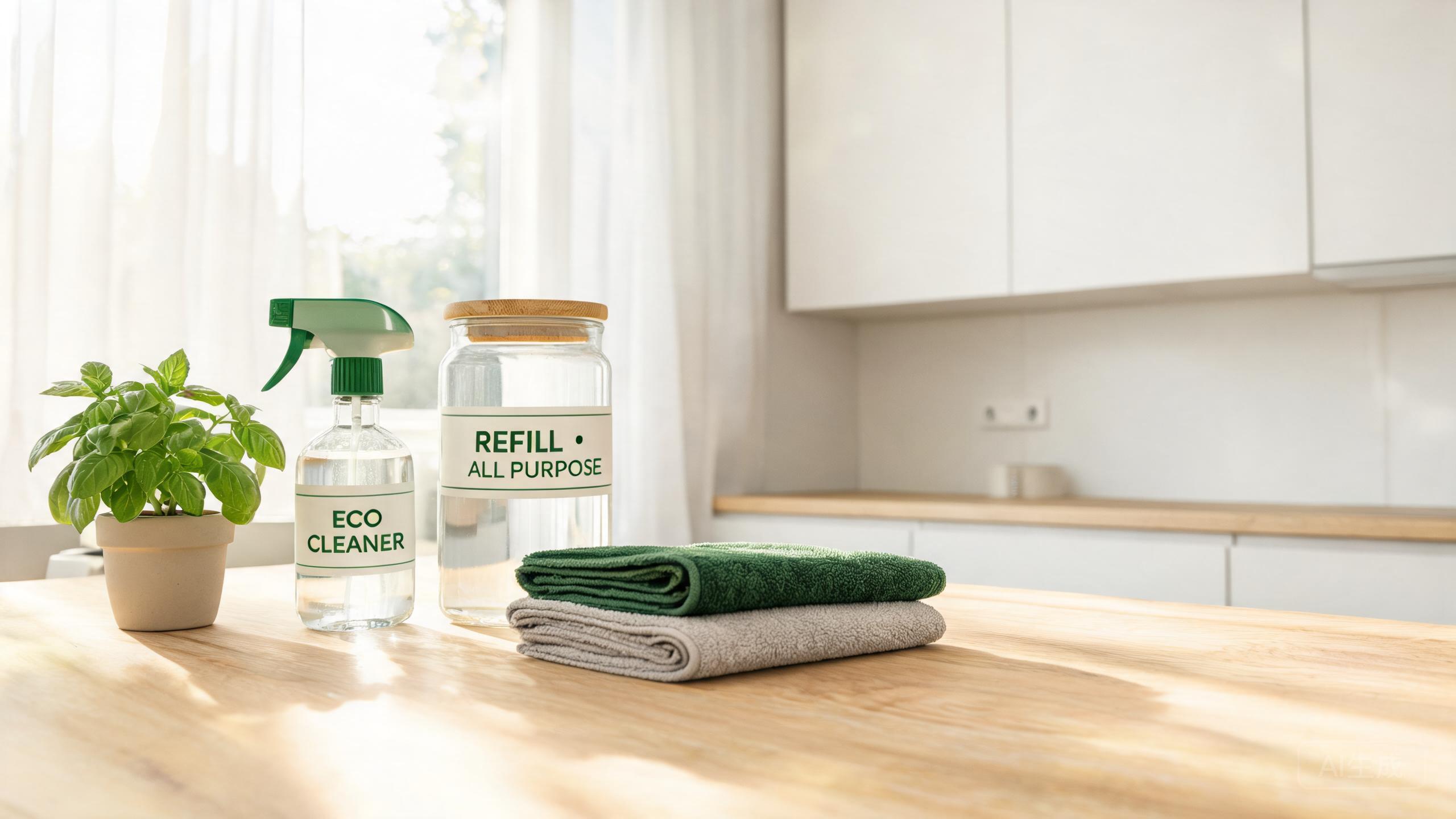 Eco-friendly cleaning products in glass bottles on a counter