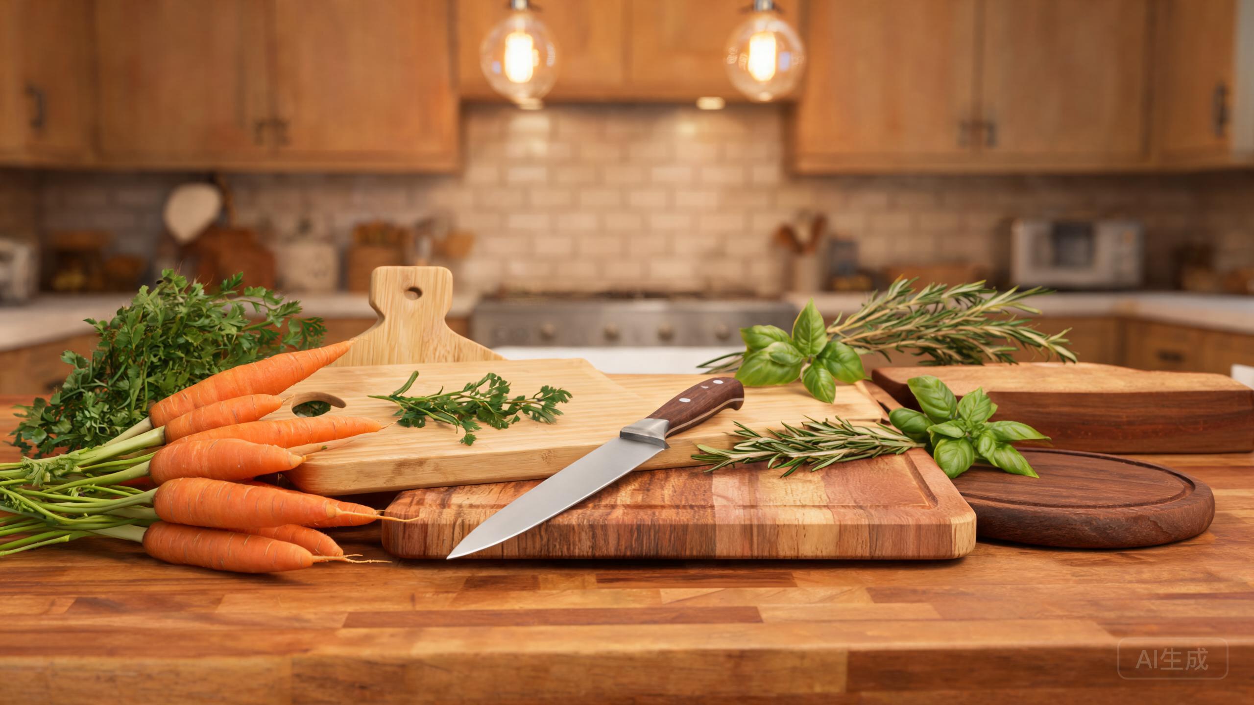 Various cutting boards on a kitchen counter with vegetables