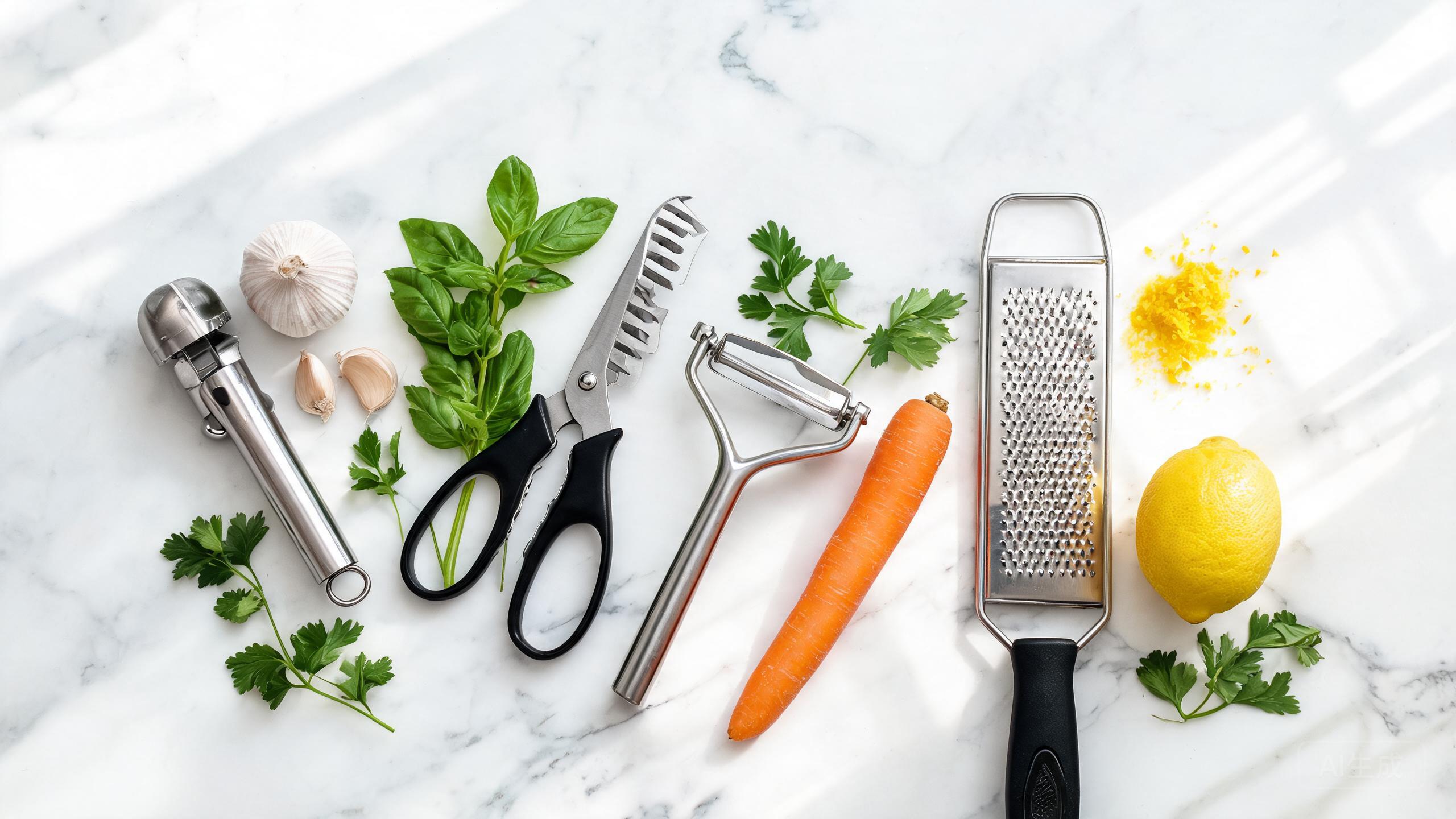 A collection of small kitchen gadgets on a counter