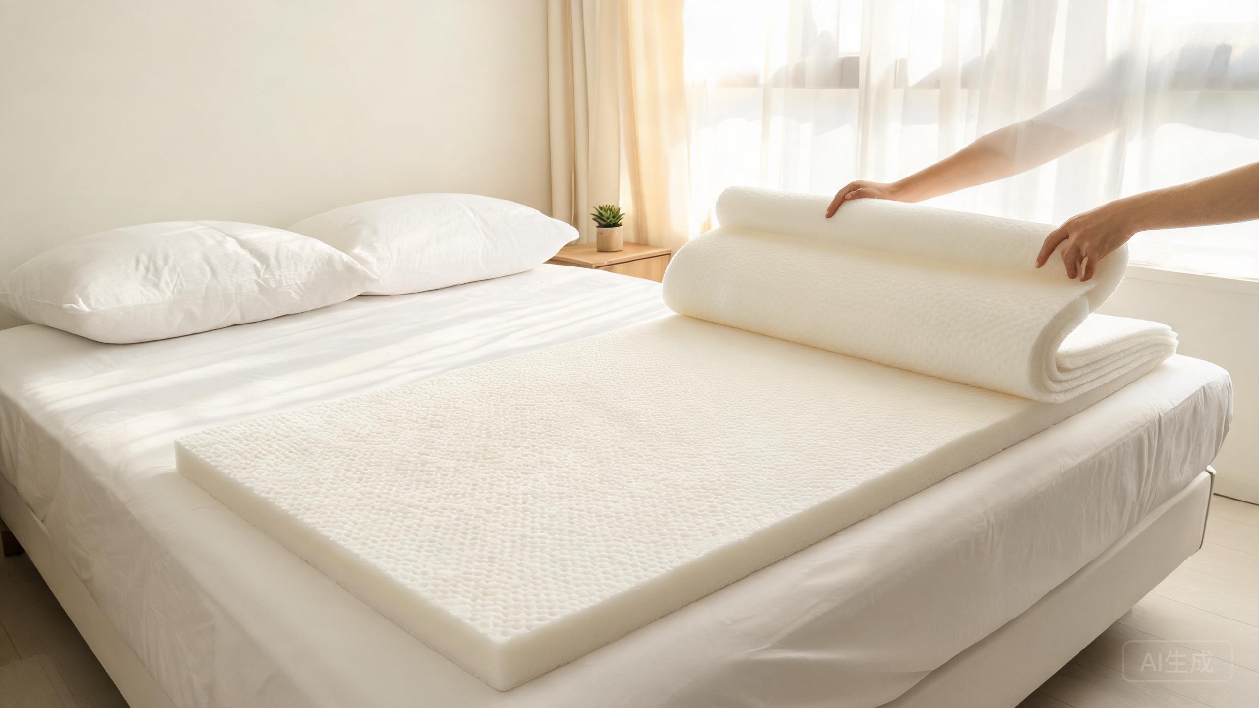A memory foam mattress topper on a bed in a bedroom