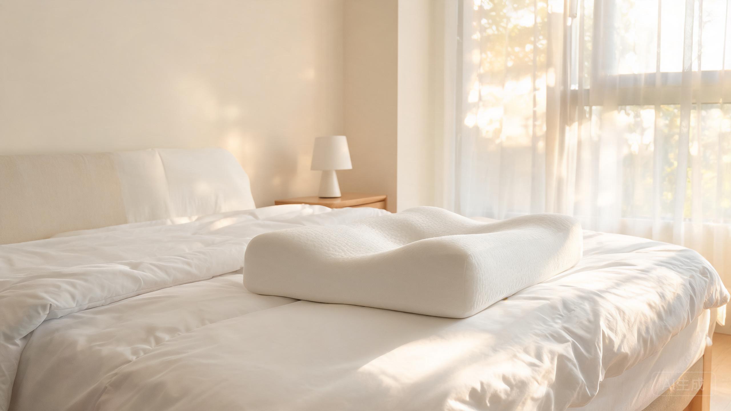 A white memory foam pillow on a neatly made bed