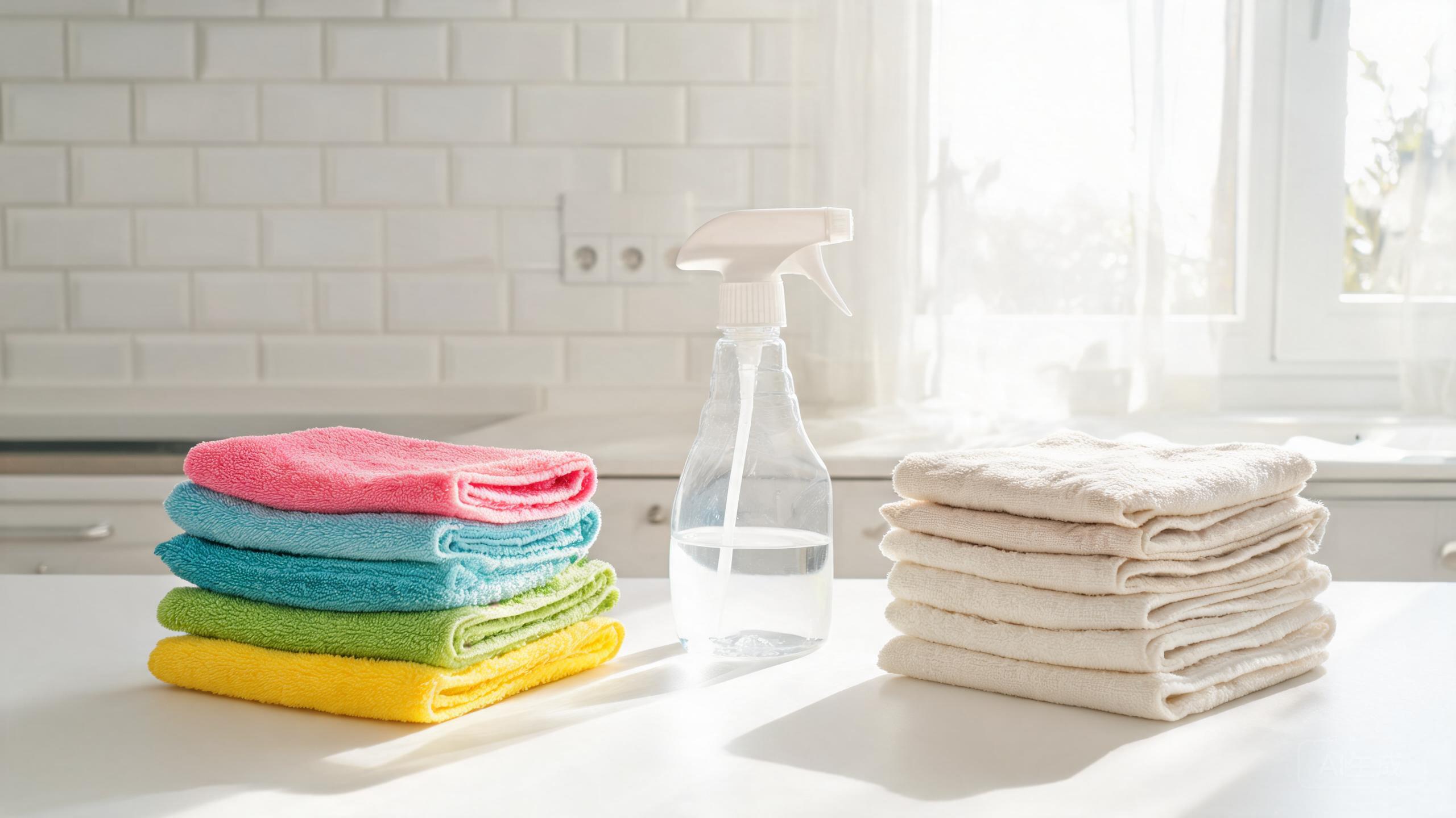 Stack of colorful microfiber cloths and cotton rags on a counter