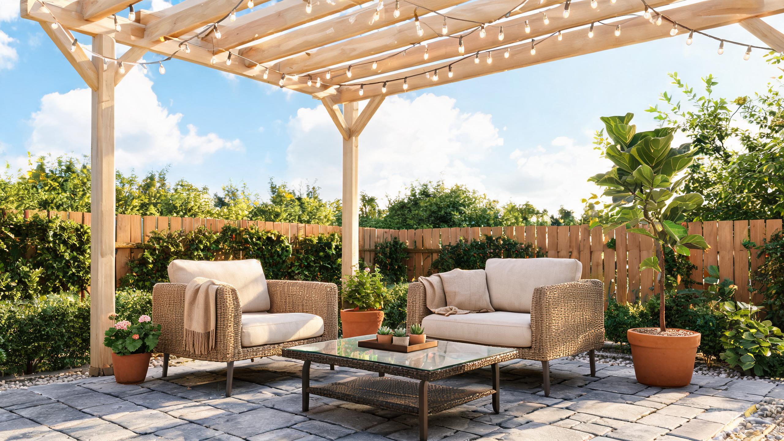 A patio furniture set with wicker chairs and table on a backyard patio