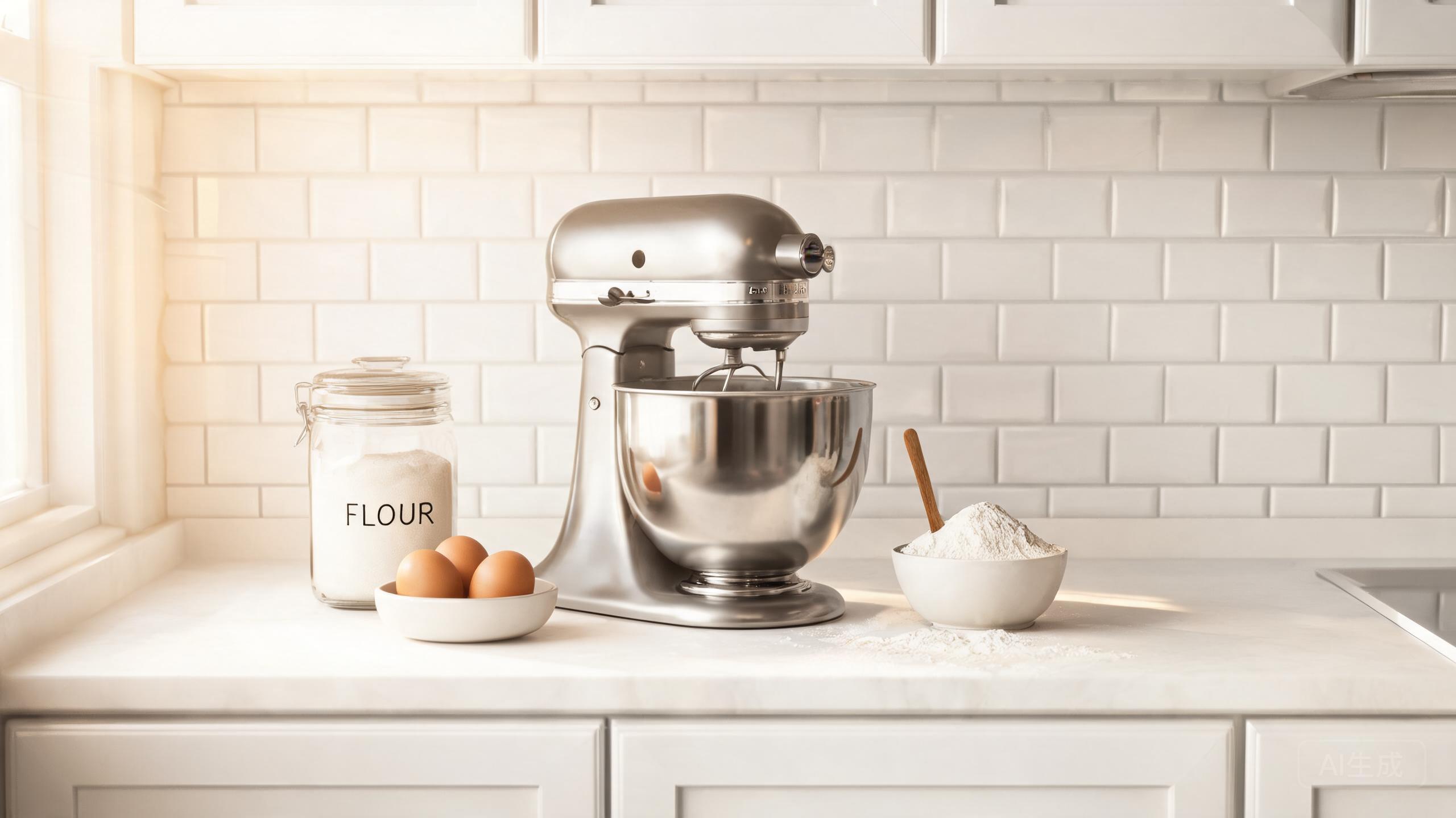 A stand mixer on a kitchen counter with baking ingredients