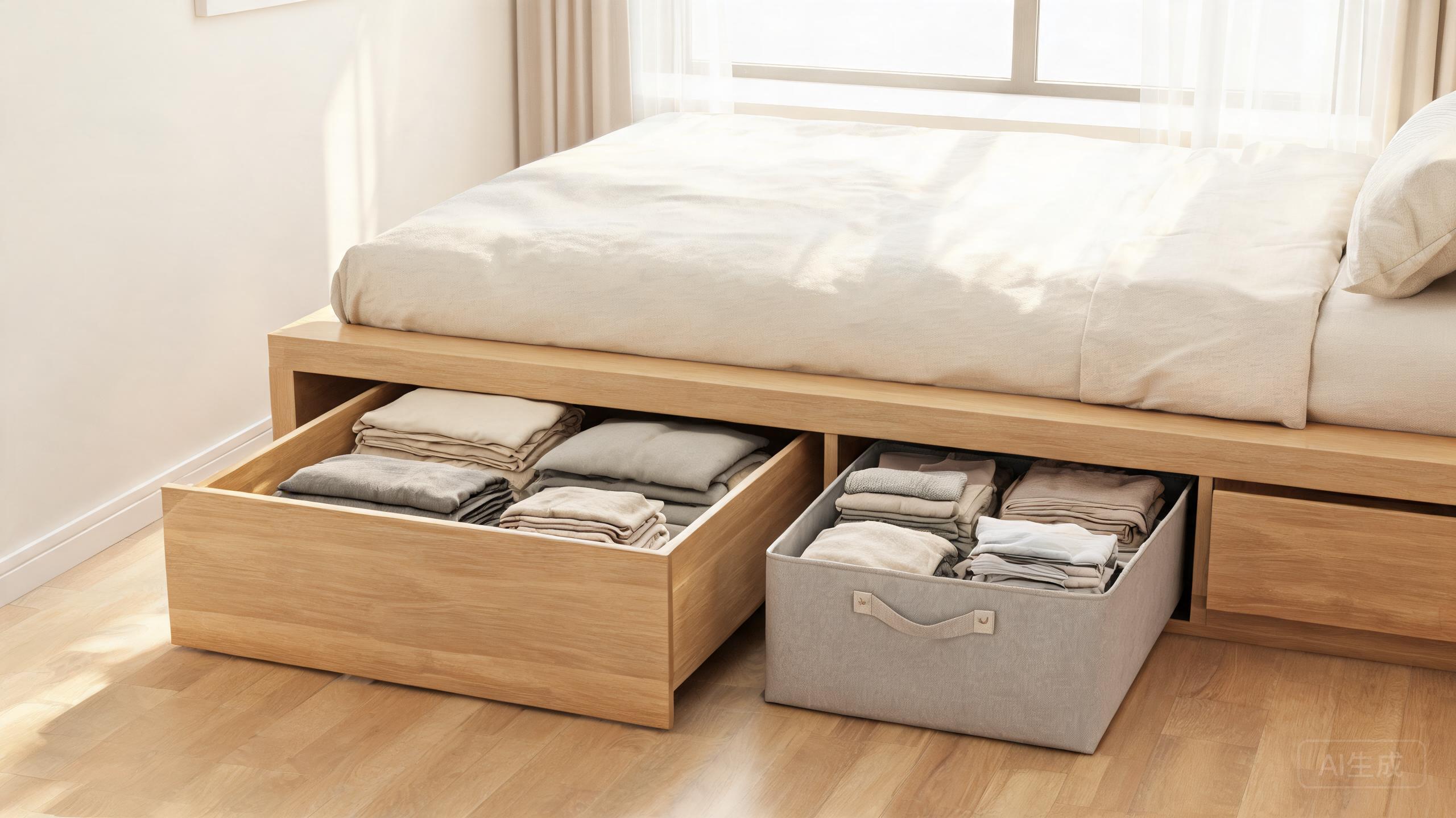 Storage bins pulled out from under a bed with folded items